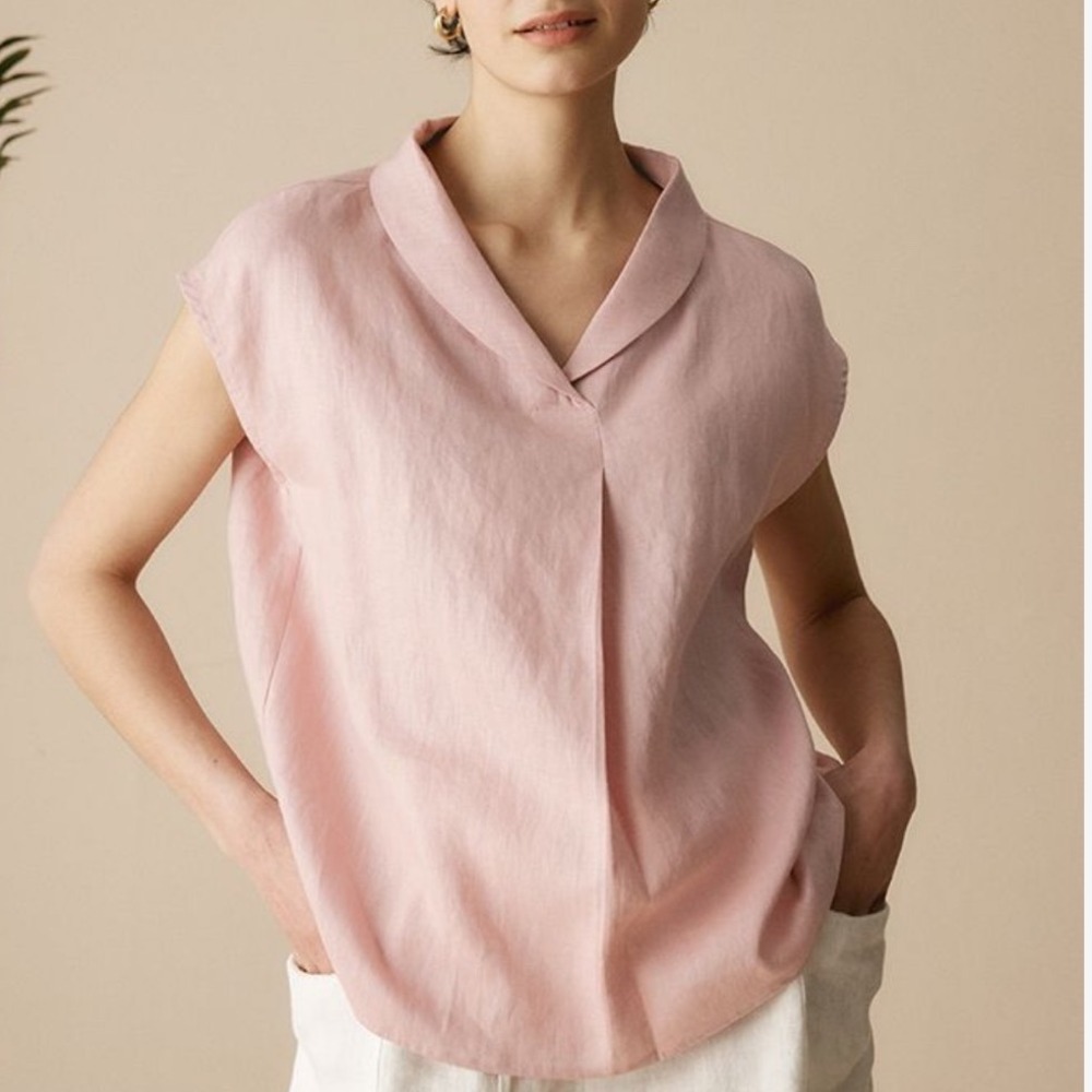 LINTICO Pink 100% Linen V-Neck Cap Sleeve Top XXL Relaxed Fit Collared Blouse